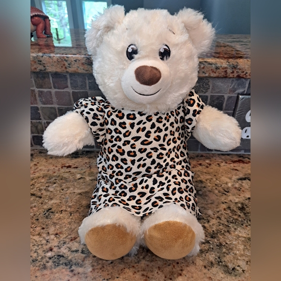 Bear-Build A Bear Plush Off White Stuffed Teddy w/Brown Nose In Leopard Dress - Picture 1 of 6